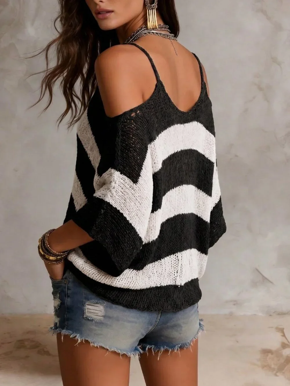 Black and White Oversized Casual Women's Cold Shoulder Pointelle knit pullover
